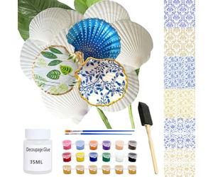 Wanwanzi 10 conchas festoneadas grandes (4-5 pulgadas) kit de decoupage con papel de decoupage floral azul/dorado y pinturas acrílicas doradas y coloridas para manualidades, decoración del hogar