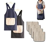 WANWEN Apron with Towel Attached and Pockets for Women Men, Cross Back Apron with Design, Waterproof, Lightweight, Adjustable, No-Tie, with 4 Replaceable Removable Towels (Blue+Black)