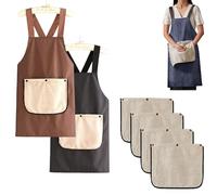 WANWEN Apron with Towel Attached and Pockets for Women Men, Cross Back Apron with Design, Waterproof, Lightweight, Adjustable, No-Tie, with 4 Replaceable Removable Towels (Black+Brown)