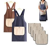 WANWEN Apron with Towel Attached and Pockets for Women Men, Cross Back Apron with Design, Waterproof, Lightweight, Adjustable, No-Tie, with 4 Replaceable Removable Towels (Brown+Blue)
