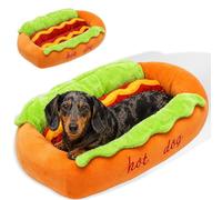 WANWEN Cama para Perro En Forma De Hot Dog, Adorable Cama De Felpa con Cojín Extraíble Y Lavable, Cálido Nido para Dormir para Perros Salchicha Y Cachorros (M)