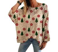 WANWEN Christmas Crochet Sweater Women Tree Knit Pullover Xmas Holiday Sweaters Loose Batwing Jumpers Cute Graphic Crochet Hollow out Drop Shoulder Pullover (B,L)