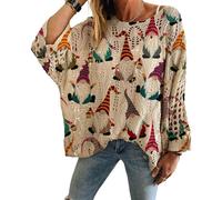 WANWEN Christmas Crochet Sweater Women Tree Knit Pullover Xmas Holiday Sweaters Loose Batwing Jumpers Cute Graphic Crochet Hollow out Drop Shoulder Pullover (C,L)
