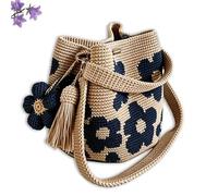 WANWEN Handmade Crochet Flower Tote, Knit Floral Purse Bag, Boho Woven Beach Handbags Crossbody Shoulder Bag for Women, Summer Vacation Travel Floral Bag, Vintage Bohemian Beach Purse (Blue)