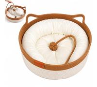 WANWEN Handwoven Cat Basket Bed with Hanging Ball Toy, Round Cat Scratcher Bed, Breathable Scratchable Pet Lounger Basket for Sleeping, Playing, Relaxing (with Mat)
