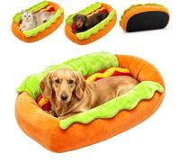 WANWEN Hot Dog Dog Bed, Soft Plush Small Cute Warm Cozy Food Dog Cat Bed, Dachshund Sofa Nest, Removable Washable Pet Bed, Soft Micro Suede Funny Pet Sofa Mat, Non-Slip Bottom (Medium)