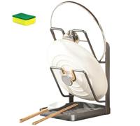 WANWEN Kitchen Pot Lid Storage Rack, Pot Lid Holder With Drip Tray, Lid Holder While Cooking, Multifunctional Stainless Steel Pot Cover Pan Organizer, Potula Plate Holder for Counter Stove Top (Gray)