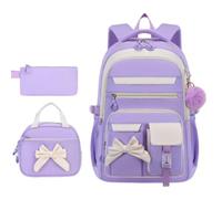 WANWEN Mochila Escolar Niña 3 Piezas con Bolsa de Almuerzo y Estuche, Mochilas para Colegio Primaria y Secundaria con Lazo y Pompon, Juvenil Grande (B)