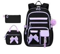 WANWEN Mochila Escolar Niña 3 Piezas con Bolsa de Almuerzo y Estuche, Mochilas para Colegio Primaria y Secundaria con Lazo y Pompon, Juvenil Grande (A)