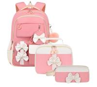 WANWEN School Backpack for Girls, 3Pcs Cute Backpack with Lunch Box Pencil Case, Cute Bow Decor Girls’ Bookbag for Primary Elementary & Middle School Students Teen, Waterproof Lightweight (Pink-Whie)