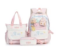 WANWEN School Backpack Set, 3PCS Large Capacity Girls Backpack with Tote Bag & Pencil Case, Cute Kawaii Rucksack Set Aesthetic School Bag for Elementary Middle School Students (Pink)
