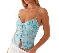 WANWEN Women Y2k Sequin Cami Top Sequin Tank Top V-Neck Low-Cut Front Tie Cropped Backless Glitter Camisole Sexy Sparkle Lace Up Crop Top Sexy V-neck Open Back Criss Cross Strap Cropped Tank (BLUE,S)