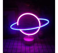 Wanxing Insegne al neon blu rosa pianeta con lampada da tavolo al neon a led di base per pianeta USB/batteria per la decorazione della dei bambini Forniture per per feste di compleanno (9,4"× 11,8")