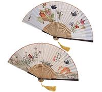 WANYIG 2 Piezas Abanicos de Algodón y Bambú Pequeño Ventilador de Mano con una Tassel Plegable Abanico Verano Chino Estilo para Decoración Regalos de Boda de Pared (Estilo nº 3)