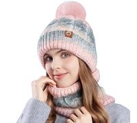 WANYIG Juego de gorro y bufanda de invierno para mujer, gorro de invierno cálido, gorro de punto con bufanda, gorro de otoño y bufanda con borla/Forro interior de felpa suave, Rosa., 53-58CM