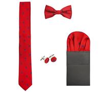 WANYING Corbata de 6 cm & Pajarita &Pañuelo de bolsillo & Gemelos 4 en 1 Set para Hombre Yuppie Trend Fashion Casual Cool - Rojo