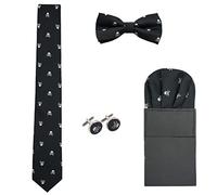 WANYING Corbata de 6 cm & Pajarita &Pañuelo de bolsillo & Gemelos 4 en 1 Set para Hombre Yuppie Trend Fashion Casual Cool - Negro & Plateado