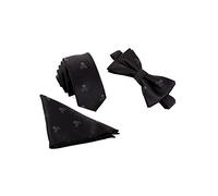 WANYING Hombre Pajarita Corbata Pañuelo de Bolsillo 3 en 1 Set - Pajarita Clásica 6 * 12 cm & Corbata Estrecha 6 cm & Pañuelo Print Negro Calavera