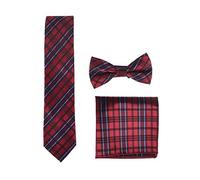 WANYING Hombre Pajarita Corbata Pañuelo de Bolsillo 3 en 1 Set - Pajarita Clásica 6 * 12 cm & Corbata Estrecha 6 cm & Pañuelo Cuadros Rojo Azul Rojo Oscuro