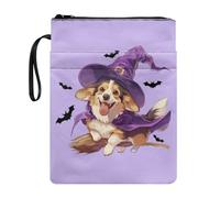 Wanyint Funda para libro con cremallera suave y bolsillo frontal de 11.4 x 8.7 pulgadas para padres, hija, hijo, abuelos, sombrero de mago, corgi, perro, escoba, murciélago, morado