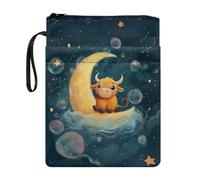 Wanyint Funda protectora para libro con cremallera y bolsillo frontal de 11.7 x 8.4 pulgadas para mujeres y niñas, profesoras lectoras, vacas de las tierras altas, luna y estrella