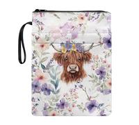 Wanyint Funda protectora para libros con cremallera y bolsillo frontal, ligera, para hombres, mujeres, profesores, estudiantes, vacas de las tierras altas, color violeta floral