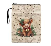 Wanyint Highland Cow Holly Bell Star - Protector de libro con cremallera, funda para libro de Navidad, tela lavable, 11.4 x 8.7 pulgadas, para libros de bolsillo y tapas duras