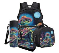Wanyint Juego de mochila escolar 4 en 1 para niños, paquete de mochila para laptop con lonchera más fresca, estuche para lápices, bolsa de transporte para botellas de agua, Ukelele de rana, Talla