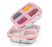 Wapasezyar 2 cajas de aperitivos con compartimentos de acero inoxidable, reutilizables, con 4 compartimentos, de acero inoxidable, para aperitivos, frutos secos, verduras y arroz, apto para