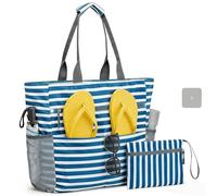 Wapasezyar Bolsa de playa grande con cremallera XXL, plegable, ligera, con múltiples bolsillos, impermeable, a prueba de arena, para vacaciones, viajes, gimnasio, picnic, turquesa