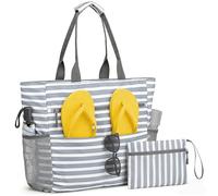 Wapasezyar Bolsa de playa grande con cremallera XXL, plegable, ligera, con múltiples bolsillos, impermeable, a prueba de arena, para vacaciones, viajes, gimnasio, picnic, gris.