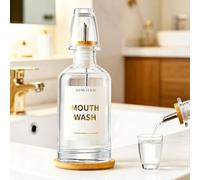 Wapasezyar Dispensador de enjuague bucal de cristal para baño con boquilla de acero inoxidable y bambú, 1 bandeja, vinagre y botellas de aceite, vaso de enjuague bucal reutilizable, embudo para cocina