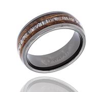Wapiti Cuerno de ciervo, turquesa y barril de whisky incrustado en anillo de tungsteno con caja de anillo incluida, 9 Reino Unido, madera de barril de whisky de cuerno, cuernos