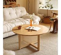 WappiGo Mesa de centro de ratán, mesa de centro redonda de madera tejida de ratán con parte superior de madera de goma, mesa de centro circular bohemia moderna de 80 cm, para sala de estar, dormitorio