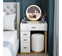 WappiGo Tocador con espejo, mesa de maquillaje moderna con espejo LED desmontable de 3 colores y 4 cajones, taburete acolchado, mesa de maquillaje para dormitorio de niñas