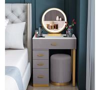WappiGo - Tocador con espejo, mesa de maquillaje moderna con espejo LED extraíble 3 colores y 4 cajones, taburete acolchado para habitación de niña