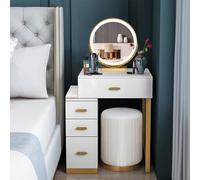 WappiGo Tocador con espejo, tocador moderno con espejo LED extraíble en 3 colores y 4 cajones, taburete acolchado, juego de mesa de maquillaje, tocador para habitación de niña