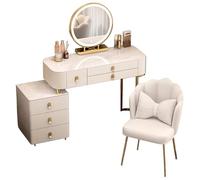 WappiGo Tocador con luz inteligente y taburete, mesa de tocador de maquillaje con cajones, espejo inteligente LED ajustable de 3 colores, escritorio de maquillaje moderno para mujeres y niñas