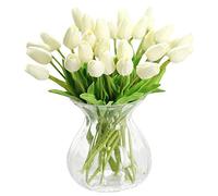 WAQIA - 30 Tulipanes Artificiales de Tacto Real, Tulipanes Falsos de Poliuretano para decoración del hogar, Boda, Fiesta, Oficina (Blanco Roto)