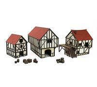 War World Gaming Medieval Town - Casa de Ciudad, Campo y Granero Medievales con Accesorios en Resina (Pintada/Sin Pintar) - 28mm Wargaming Maquetas Dioramas