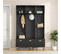 Wardrobe Set: Hallway wardrobe with bench, shoe cabinet, 6 hooks, coat rack, locker, open storage, black 120x40x191 cm negro