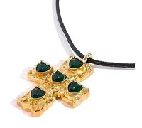 WARIDAR MAX - Collar con colgante de cruz de circonita cúbica verde chapado en oro de 18 quilates con cuerda negra | Collar de lujo hipoalergénico hecho a mano para mujer, regalo || Collar con