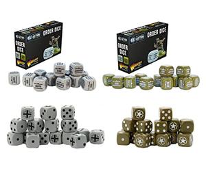 Warlord Games - Paquete de dados Bolt Action Dice: Allied Star D6 Pack Plus Orders Dice Pack - Olive Drab and German Balkenkreuz D6 Dice Pack Plus Orders Dice Pack - Gris (4 artículos)