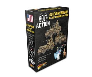 Warlord Games ¡Ve a todas partes! Modelos a escala de pelotón blindado Jeep del ejército de Estados Unidos para Bolt Action altamente detallados en miniaturas de la Segunda Guerra Mundial