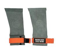 WARM BODY COLD MIND Puños de cuero con muñequeras para levantamiento de pesas, levantamiento de potencia, gimnasia, entrenamiento cruzado, dominadas, protección de la palma (grafito/naranja, L, básico