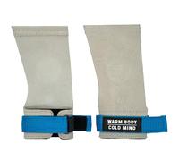WARM BODY COLD MIND Puños de cuero con muñequeras para levantamiento de pesas, levantamiento de potencia, gimnasia, entrenamiento cruzado, dominadas, protección de la palma (blanco/azul, XL, básico)