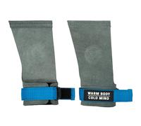 WARM BODY COLD MIND Puños de cuero con muñequeras para levantamiento de pesas, levantamiento de potencia, gimnasia, entrenamiento cruzado, dominadas, protección de la palma (grafito/azul, M, básico)