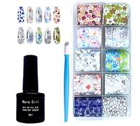 Warm Girl Gel de transferencia de lámina para arte de uñas de 8 ml con 10 calcomanías de papel de aluminio, kit de decoración de manicura, pegamento de transferencia de uñas, lámpara LED UV requerida