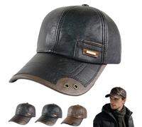 Warm Leather Baseball Cap,Men's Windproof Leather Shell Caps with Fleece Lining,Adjustable Winter Baseball Hats for Outdoor (Black)