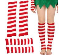 Warm Thermal Gloves Set - 15 Inch Striped Costume Gloves | Acrylic Wool Mittens - Red white non slip cosplay party accessory with matching knee socks for women teens girls kids holiday events